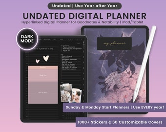 Undated Dark Mode Digital Planner, Undated Digital Planner, Dark Mode Planner, Hyperlinked Digital Planner, Undated Digital Portrait Planner