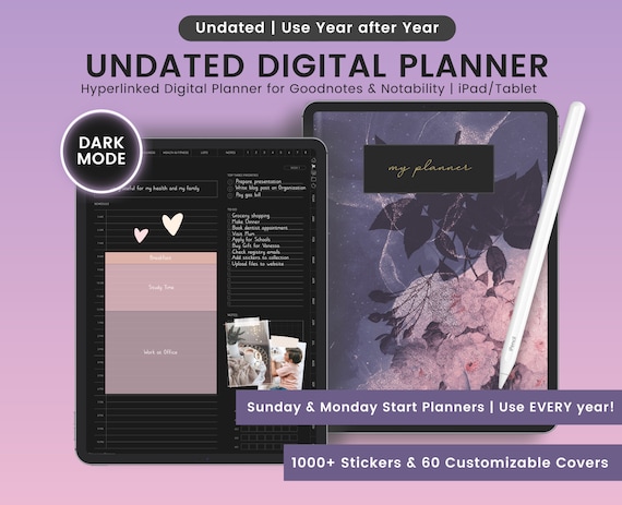 Dark Mode Undated Digital Planner: Hyperlinked Portrait Planner (Goodnotes, Notability)