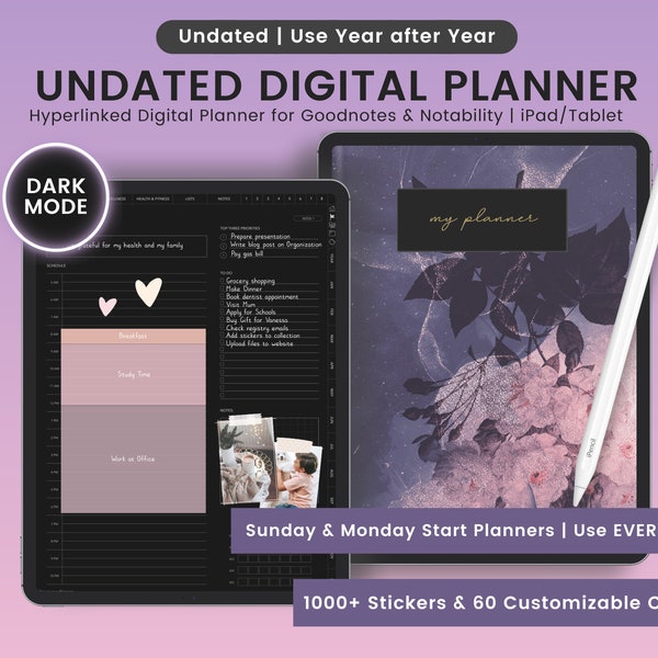 Undated Dark Mode Digital Planner, Undated Digital Planner, Dark Mode Planner, Hyperlinked Digital Planner, Undated Digital Portrait Planner