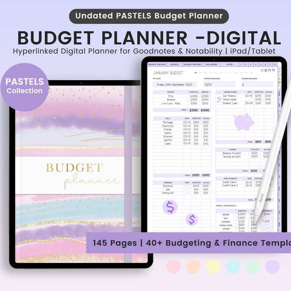Planificateur budgétaire numérique, Suivi financier, Planificateur financier, Budget numérique, Planificateur budgétaire pastels, Planificateur budgétaire portrait, Agenda GoodNotes