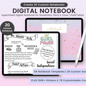 Puede incluir: Una plantilla de cuaderno digital para iPad y tabletas. El cuaderno tiene un fondo rosa y morado con purpurina dorada. La página de portada presenta el texto "Girl Power" con una corona sobre la palabra "Girl". El cuaderno incluye 64 plantillas y 20 secciones personalizadas. También incluye más de 1000 pegatinas y 78 cubiertas personalizables.