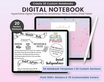 20-Section Digital Notebook: 64 Templates, 1000+ Stickers (Goodnotes, Notability)