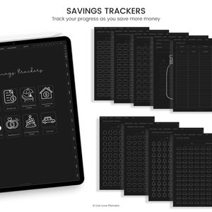 May include: A digital screen displaying a set of printable savings trackers. The trackers are designed to help people track their progress as they save money. The trackers include categories such as emergency fund, wedding fund, Christmas savings, and car fund.