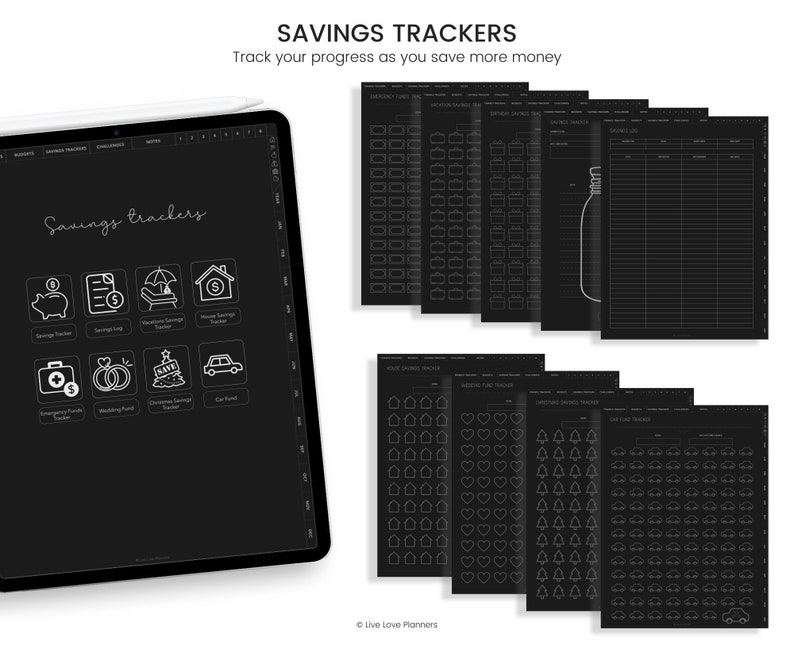 May include: A digital screen displaying a set of printable savings trackers. The trackers are designed to help people track their progress as they save money. The trackers include categories such as emergency fund, wedding fund, Christmas savings, and car fund.