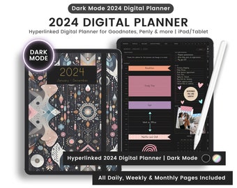 2024 Dark Mode Planner, 2024 Planner, Digital Planner, Dark Mode Planner, Hyperlinked Digital Planner, Digital Portrait Planner, Dark Mode