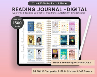 Reading Journal, Book Tracker, Reading Log, Book Stickers, Hyperlinked, Digital Download, For Goodnotes Notability iPad and Android