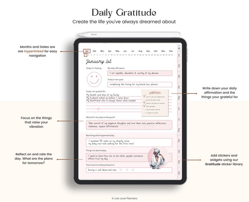 Gratitude Journal, Daily Affirmation Prompts, Mindfulness Journal, Self Care Mental Health Tracker For Goodnotes iPad and Android PDF image 3