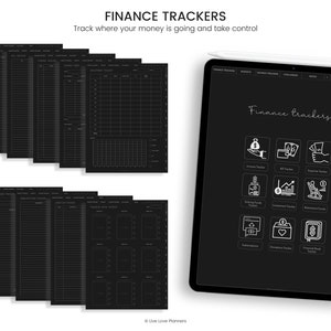 May include: A black and white digital planner with the text "Finance Trackers" and icons for different financial categories, such as income, bills, expenses, savings, investments, and retirement funds.
