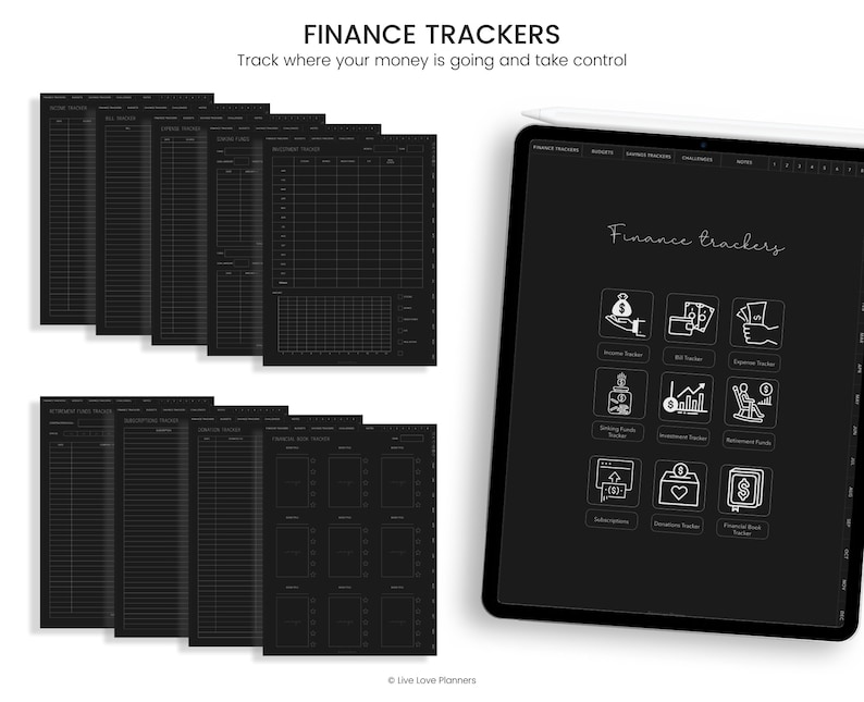 May include: A black and white digital planner with the text "Finance Trackers" and icons for different financial categories, such as income, bills, expenses, savings, investments, and retirement funds.