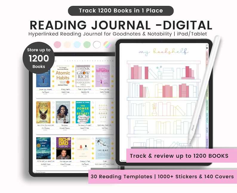 Lesejournal, Portrait-Lesejournal, Digitales Lesetagebuch, Buch-Tracker, Lese-Tracker, Buchlesejournal, Log für Goodnotes Bild 1