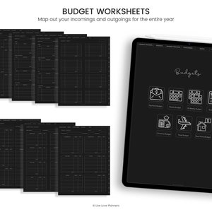 May include: Black and white budget worksheets with a digital tablet displaying a budget tracker app. The app has icons for different types of budgets, including monthly, weekly, travel, and home budgets.