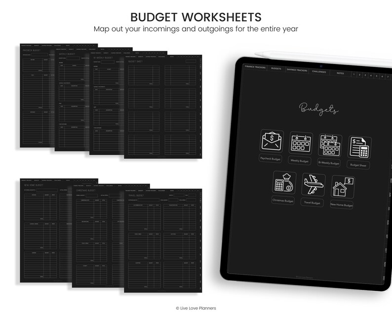 May include: Black and white budget worksheets with a digital tablet displaying a budget tracker app. The app has icons for different types of budgets, including monthly, weekly, travel, and home budgets.