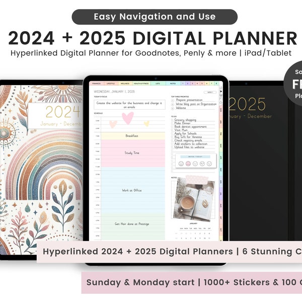 2024 Planner, 2025 Planner, 2024 Digital Planner, 2025 Digital Planner, Portrait Planner, Hyperlinked 2024 2025 Digital Planner