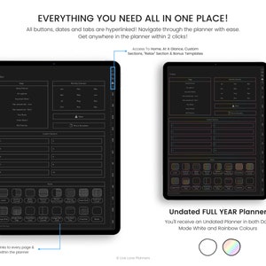 May include: Two images of a digital planner on a tablet screen. The planner is black with white text and lines. The left image shows the index page with sections for monthly expenses, goals, and custom sections. The right image shows a section with a grid of squares. The text below the images reads "Undated FULL YEAR Planner" and "You'll receive an Undated Planner in both Dark Mode White and Rainbow Colours".
