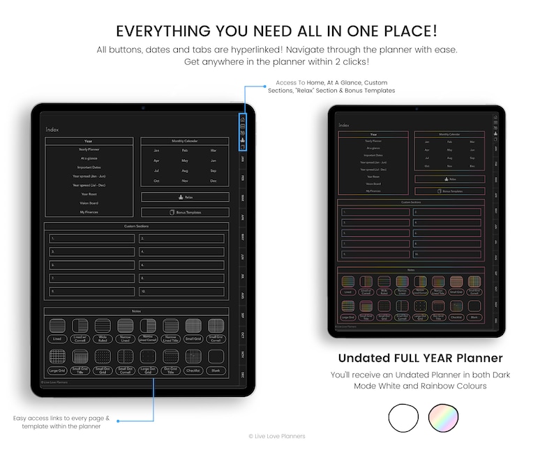 May include: Two images of a digital planner on a tablet screen. The planner is black with white text and lines. The left image shows the index page with sections for monthly expenses, goals, and custom sections. The right image shows a section with a grid of squares. The text below the images reads "Undated FULL YEAR Planner" and "You'll receive an Undated Planner in both Dark Mode White and Rainbow Colours".