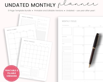 Printable Monthly planner, Monthly Planner Undated, Undated Planner Printable, Printable Monthly Template, Undated Monthly Planner, Editable