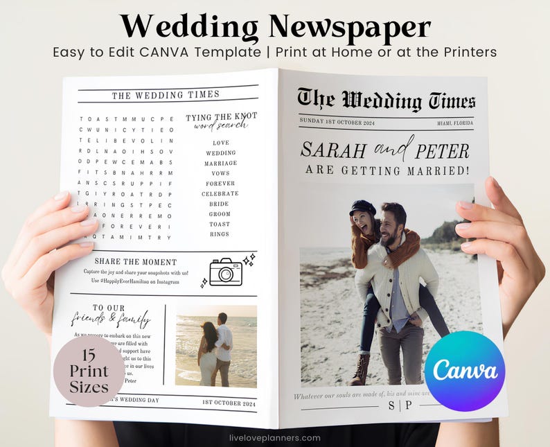May include: A wedding newspaper template with the headline "Wedding Newspaper" and the text "Easy to Edit CANVA Template." The newspaper features a word search, photos, and the announcement "Sarah and Peter are getting married!"