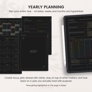 May include: A digital yearly planner displayed on a tablet screen and as separate pages. The interface features a black background with thin white and rainbow-colored grid lines, text, and tables. The pages include a 2027 calendar and financial tracking sections with hyperlinked navigation tabs.