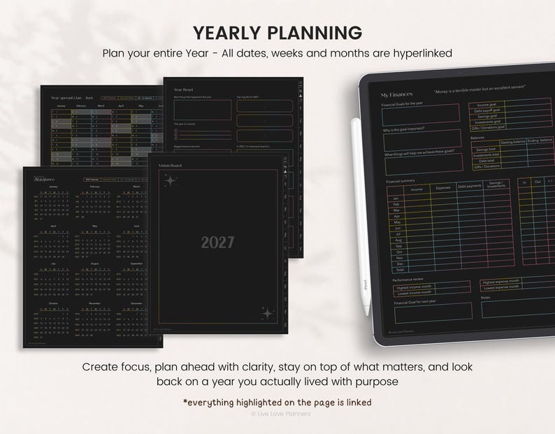 May include: A digital yearly planner displayed on a tablet screen and as separate pages. The interface features a black background with thin white and rainbow-colored grid lines, text, and tables. The pages include a 2027 calendar and financial tracking sections with hyperlinked navigation tabs.