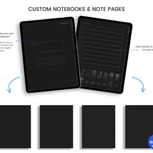 May include: A digital notebook app interface with 16 customizable note pages. The app features 10 custom sections, each with a unique design. The app is shown on a black iPad with a white outline. The text "CUSTOM NOTEBOOKS & NOTE PAGES" is at the top of the image. The text "Each section is hyperlinked for easy access" is on the right side of the image. The text "16 NOTES PAGES" is in a blue circle at the bottom right of the image.