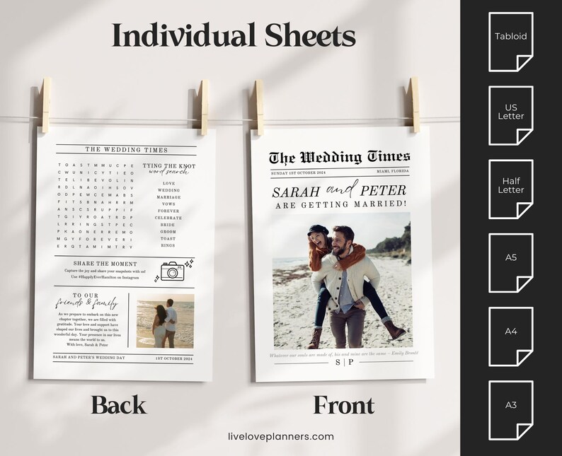 May include: Two wedding announcement sheets are shown, one marked "Back" and the other "Front." The front sheet has a photo of a couple and the text "SARAH and PETER ARE GETTING MARRIED!" The back sheet includes a word search and a photo.