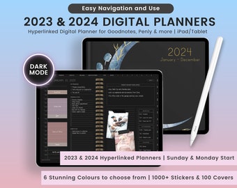 2023 2024 Dark Mode Digitaler Planer, 2023 2024 Planer, Dark Mode Planner, Verlinkter Digitaler Planer, 2023 2024 Dark Mode Digitaler Planer