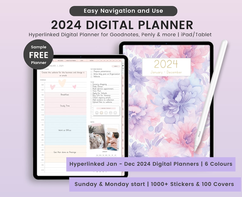 2024 Digital Planner, 2024 Digital Planner for Goodnotes, Portrait Planner, 2024 Planner, Hyperlinked 2024 Digital Planner image 1