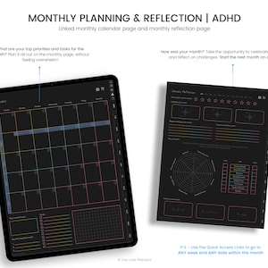 May include: A digital planner for ADHD, with a monthly calendar and reflection page. The calendar page is black with white text and colored boxes. The reflection page is black with white text and a star rating system.