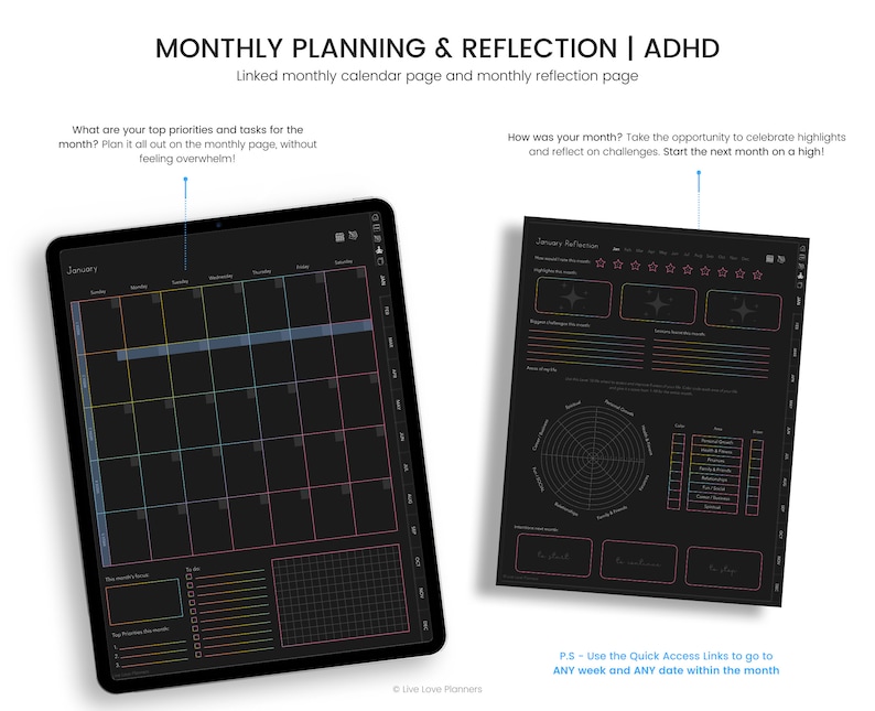 May include: A digital planner for ADHD, with a monthly calendar and reflection page. The calendar page is black with white text and colored boxes. The reflection page is black with white text and a star rating system.