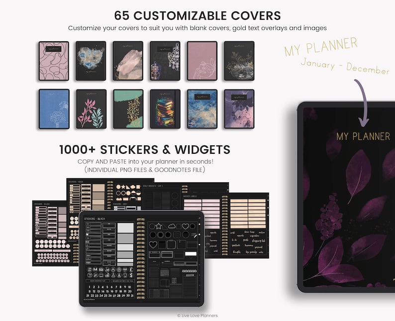 May include: A digital planner with 65 customizable covers, 1000+ stickers and widgets, and the text "My Planner" and "January - December".