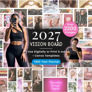 Puede incluir: Una colección de plantillas digitales para tableros de visión con más de 2200 imágenes, incluyendo fotografía de estilo de vida, fitness y texto motivacional. Incluye plantillas de Canva, un planificador anual y el texto 2027 VISION BOARD.