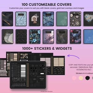 K&ouml;nnte beinhalten: Ein digitaler Planer mit 100 anpassbaren Covern, &uuml;ber 1000 Stickern und Widgets. Die Cover zeigen eine Vielzahl von Designs, darunter abstrakte Muster, himmlische Themen und florale Motive. Die Sticker und Widgets sind in Schwarzwei&szlig; und k&ouml;nnen in den Planer kopiert und eingef&uuml;gt werden. Der Planer ist mit Goodnotes kompatibel.