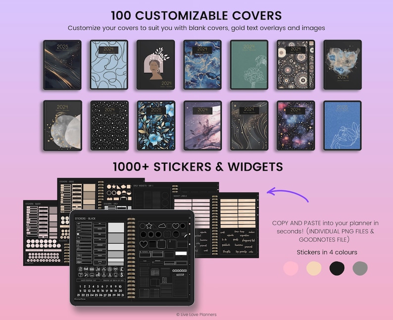K&ouml;nnte beinhalten: Ein digitaler Planer mit 100 anpassbaren Covern, &uuml;ber 1000 Stickern und Widgets. Die Cover zeigen eine Vielzahl von Designs, darunter abstrakte Muster, himmlische Themen und florale Motive. Die Sticker und Widgets sind in Schwarzwei&szlig; und k&ouml;nnen in den Planer kopiert und eingef&uuml;gt werden. Der Planer ist mit Goodnotes kompatibel.