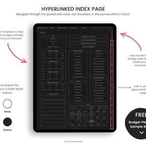 May include: A digital budget planner with a black and white design. The planner includes sections for tracking finances, savings, debt, and challenges. The image shows a sample of the planner's index page, which includes hyperlinks to different sections of the planner. The text "HYPERLINKED INDEX PAGE" is at the top of the image. The text "FREE Budget Planner Sample Below" is at the bottom of the image.