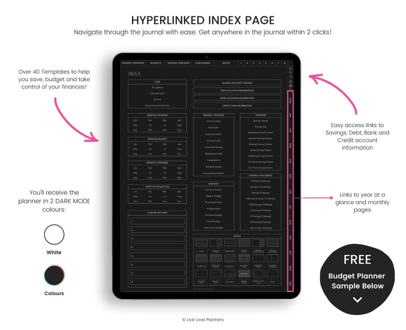 May include: A digital budget planner with a black and white design. The planner includes sections for tracking finances, savings, debt, and challenges. The image shows a sample of the planner's index page, which includes hyperlinks to different sections of the planner. The text "HYPERLINKED INDEX PAGE" is at the top of the image. The text "FREE Budget Planner Sample Below" is at the bottom of the image.