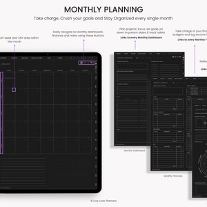 May include: A black and white digital planner with a monthly calendar, dashboard, finances, and reflection sections. The planner is designed to help users stay organized and on track with their goals.