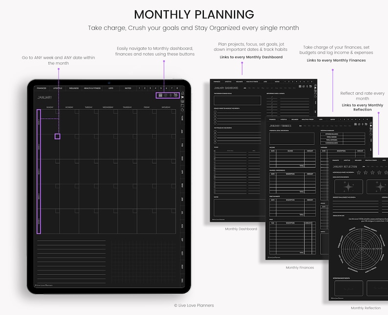 May include: A black and white digital planner with a monthly calendar, dashboard, finances, and reflection sections. The planner is designed to help users stay organized and on track with their goals.