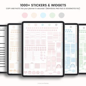 May include: A digital planner with over 1000 stickers and widgets. The planner is displayed on a tablet screen and shows a variety of stickers and widgets in pink, blue, and green colours. The text "1000+ STICKERS & WIDGETS" and "COPY AND PASTE into your planner in seconds! (INDIVIDUAL PNG FILES & GOODNOTES FILE)" is displayed at the top of the image.
