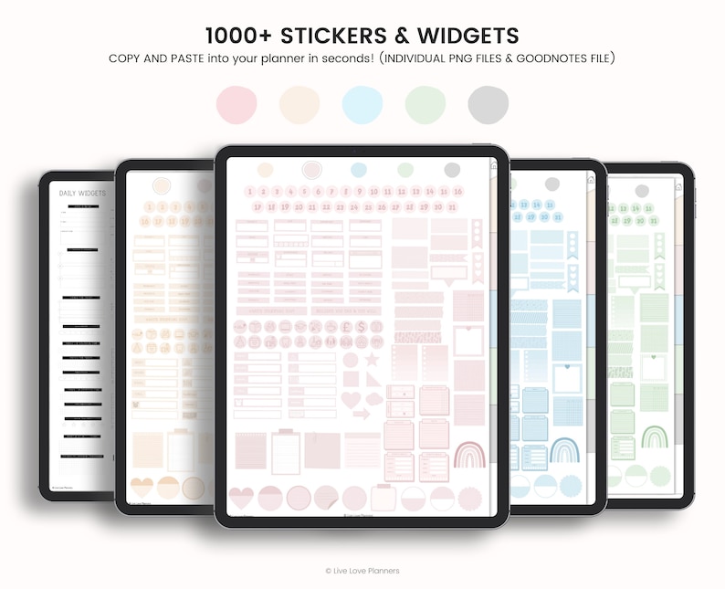 May include: A digital planner with over 1000 stickers and widgets. The planner is displayed on a tablet screen and shows a variety of stickers and widgets in pink, blue, and green colours. The text "1000+ STICKERS & WIDGETS" and "COPY AND PASTE into your planner in seconds! (INDIVIDUAL PNG FILES & GOODNOTES FILE)" is displayed at the top of the image.