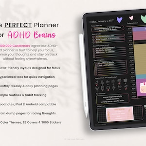 May include: A digital planner displayed on a tablet screen with a white stylus, featuring a black background with colorful text and icons. The interface includes sections for daily schedules, tasks, and habit tracking, with pink, purple, and teal accents.