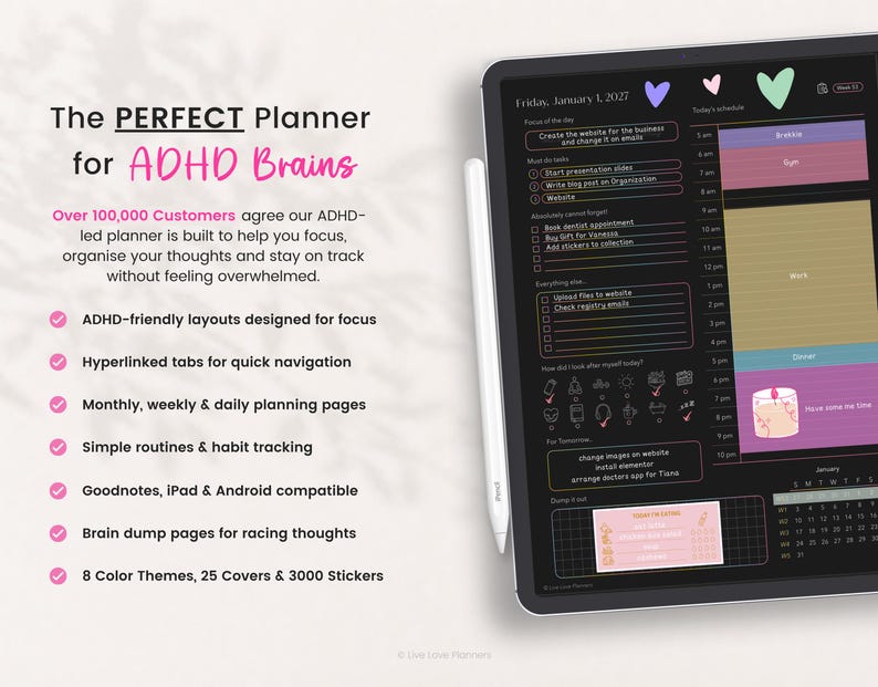 May include: A digital planner displayed on a tablet screen with a white stylus, featuring a black background with colorful text and icons. The interface includes sections for daily schedules, tasks, and habit tracking, with pink, purple, and teal accents.