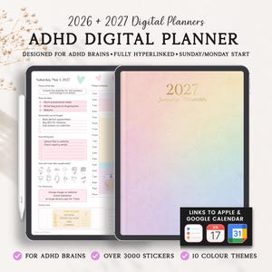 Peut inclure: Un agenda numérique affiché sur un écran de tablette avec une couverture dégradée pastel marquée 2027. L'interface montre un emploi du temps quotidien, des listes de tâches et un suivi. Le texte inclut 2026 + 2027 Digital Planners, ADHD DIGITAL PLANNER.