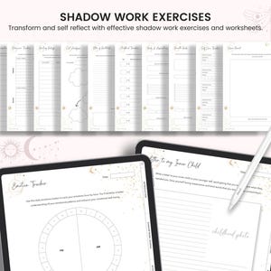 May include: A printable set of shadow work exercises and worksheets with a celestial theme. The worksheets include prompts for self-reflection, journaling, and emotional tracking. The title "Shadow Work Exercises" is at the top of the page. The text "Transform and self reflect with effective shadow work exercises and worksheets." is below the title. The image also includes a dragonfly illustration.