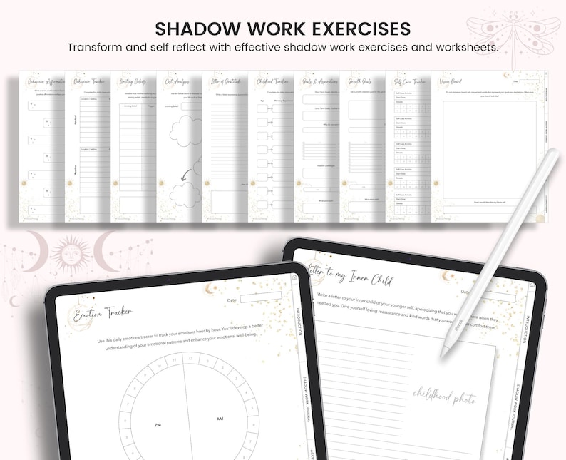 May include: A printable set of shadow work exercises and worksheets with a celestial theme. The worksheets include prompts for self-reflection, journaling, and emotional tracking. The title "Shadow Work Exercises" is at the top of the page. The text "Transform and self reflect with effective shadow work exercises and worksheets." is below the title. The image also includes a dragonfly illustration.