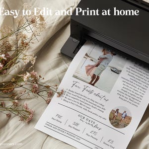 May include: A printed wedding announcement with the text "Easy to Edit and Print at home." The announcement includes a photo of a couple, facts about them, and the text "Fun Facts about us." A printer is in the background.