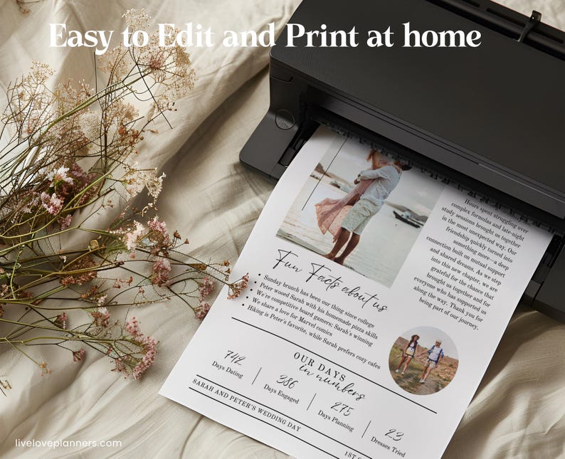 May include: A printed wedding announcement with the text "Easy to Edit and Print at home." The announcement includes a photo of a couple, facts about them, and the text "Fun Facts about us." A printer is in the background.