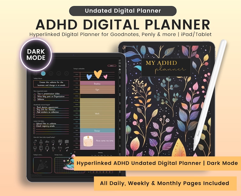 May include: A digital planner for iPad or tablet with a dark mode interface. The planner features a floral design with colorful leaves and stars on a black background. The text "MY ADHD planner" is displayed in gold lettering. The planner includes daily, weekly, and monthly pages.