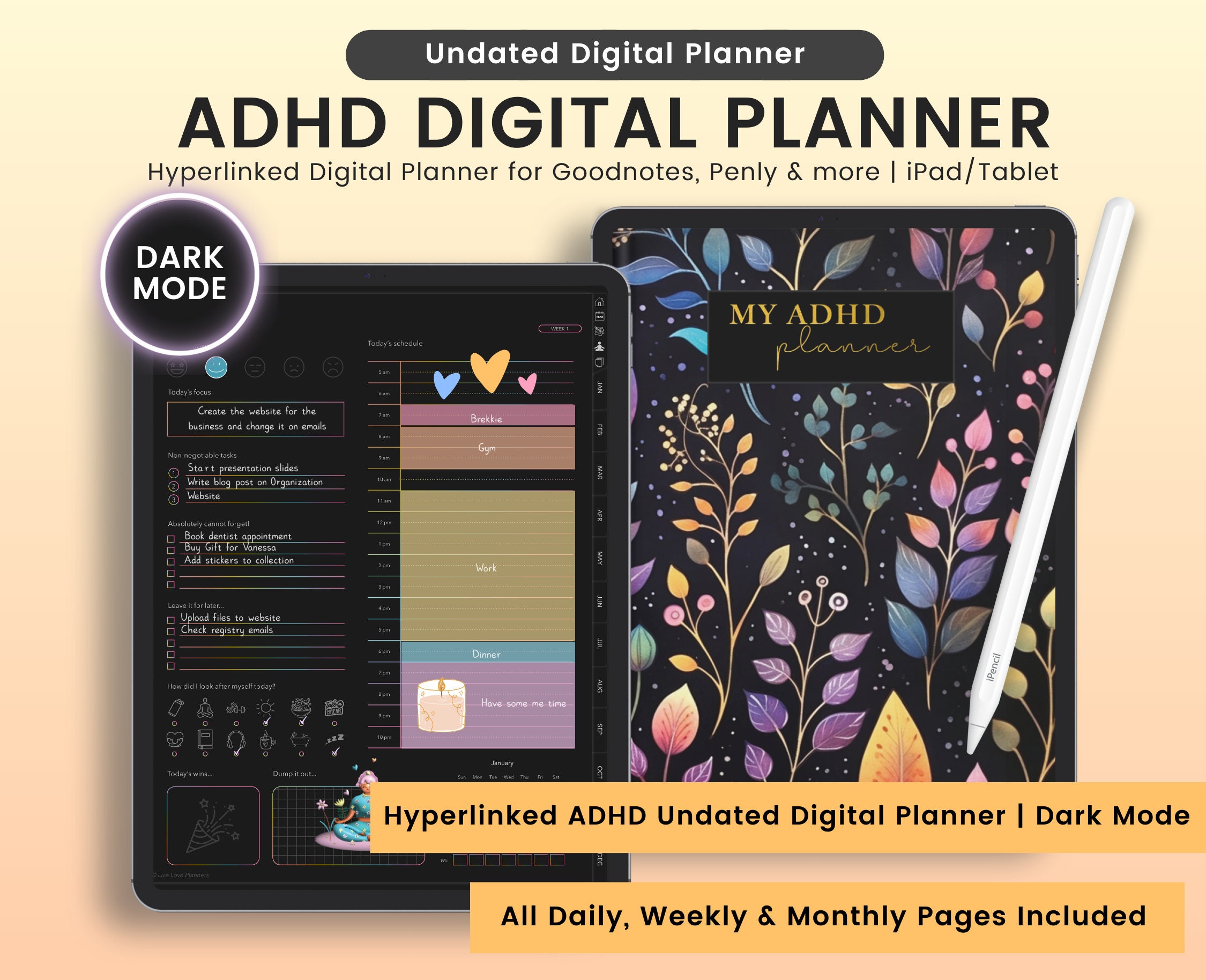 Undated ADHD Digital Planner for Goodnotes: Daily, Weekly, Monthly ...