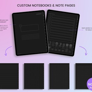 May include: A digital notebook with 16 customizable note pages. The notebook has 10 sections, each with a unique design. The notebook is black and white and has a modern design. Each section is hyperlinked for easy access.