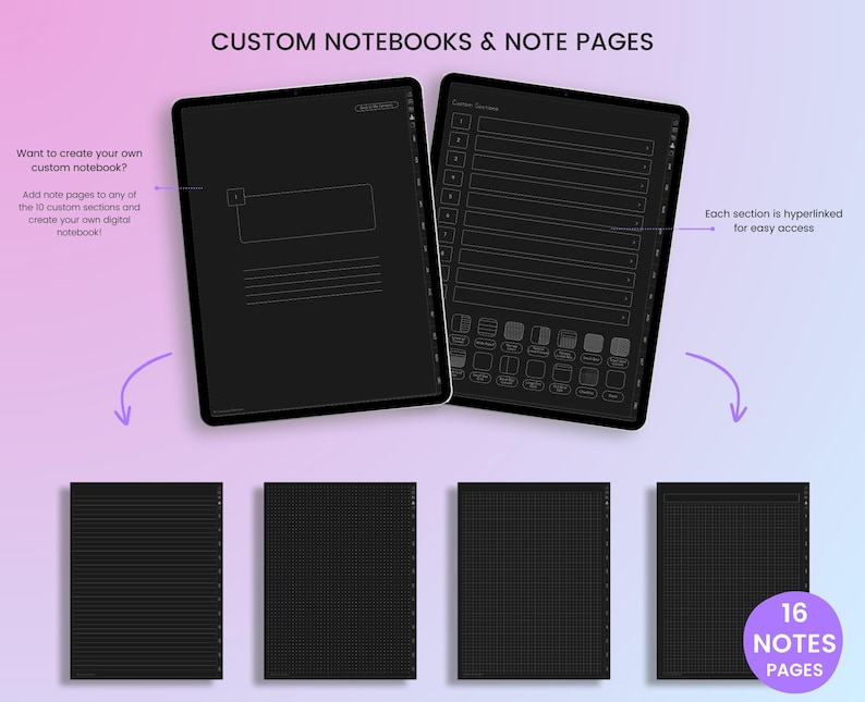 May include: A digital notebook with 16 customizable note pages. The notebook has 10 sections, each with a unique design. The notebook is black and white and has a modern design. Each section is hyperlinked for easy access.